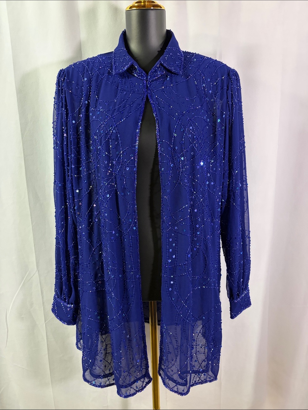 Vintage Anage Dark Blue Beaded Sequin Embellished Sheer Long Sleeve Jacket